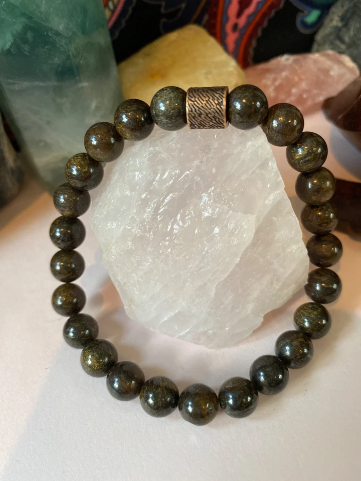 Pulsera hombre. Piedras preciosas de bronce. 8 pulgadas. Elástico. Regalo para él. Foto 2 de 4