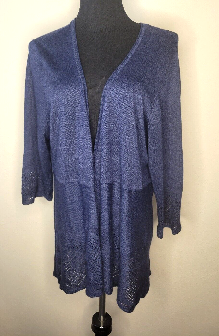 Charter Club Women's 1X Open Front Navy Crochet Cardigan 3/4 sleeve