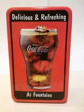 Coca Cola Tin -Red w/Embossed Coke Glass on lid- Delicious & Refreshing-at Fount