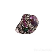 Handmade 925 Sterling Silver Round Amethyst with Rubies  Emerald Statement Ring