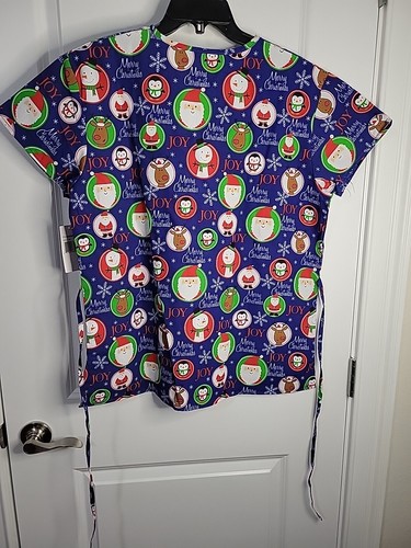 Cassandra O Christmas Joy Santa Snowman V Neck Blue Scrub Top Women's Medium NWT - Picture 5 of 7