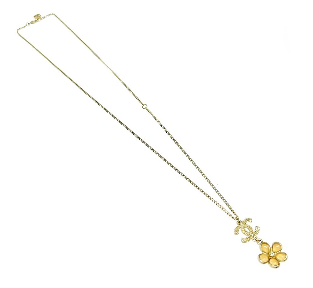 CHANEL CC Logo Rhinestone Yellow Flower Necklace 24