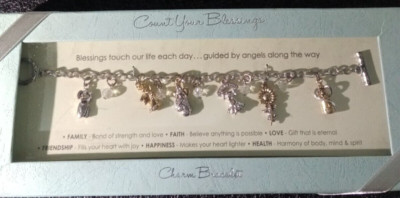 N/inbox Count your Blessings charm bracelet angel flower rhinestone silver tone