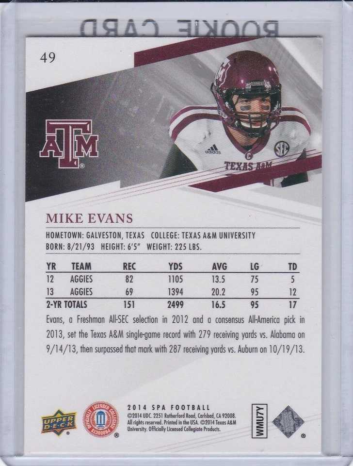 MIKE EVANS ROOKIE CARD 2014 Upper Deck SP Authentic RC Football TAMPA BAY BUCS - Image 2 of 2