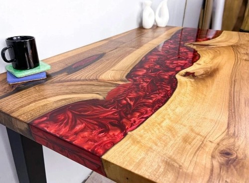 Custom Made Unique Red Epoxy Dining Table Top with Resin River Center Table - Picture 3 of 14