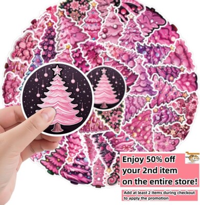 50pcs Waterproof Vinyl Stickers Pink Xmas Tree Party Luggage Phone Laptop Window