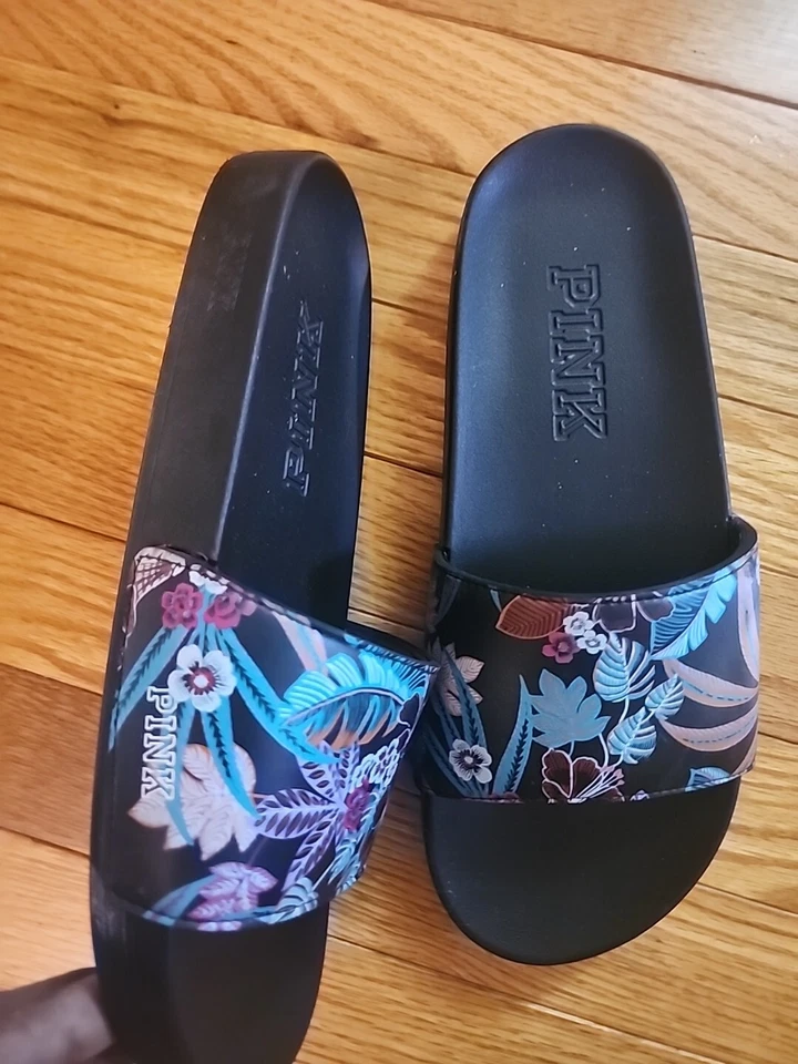 Розовый от Victoria's Secret черный цветочный разноцветный сандалии логотип Sz L 9/10 - Изображение 3 из 4