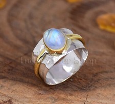 Rainbow Moonstone Ring Sterling Silver Hammered Wide Band