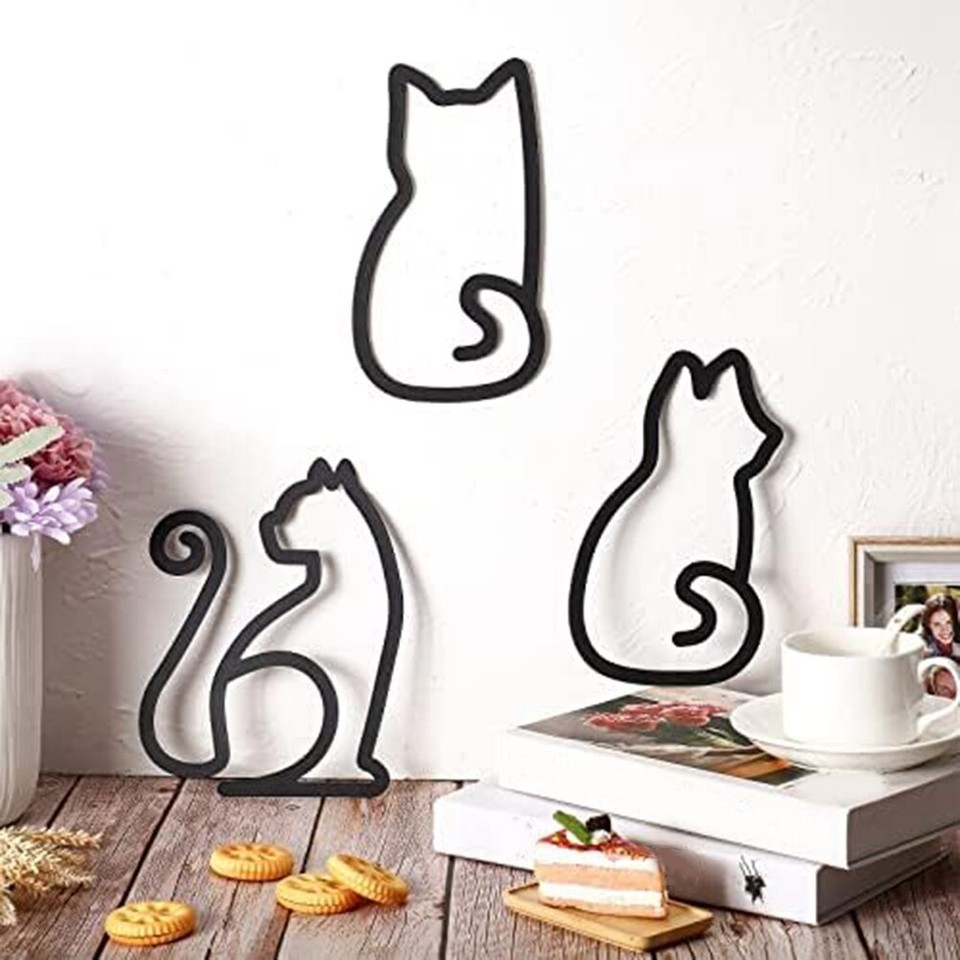 3 PCS Wall Art Wire Cats Sign Wall Decor Black Metal for Kitchen