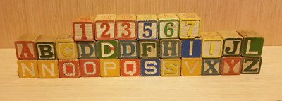 Lot 30 Vintage 1.25'' Building Cube Blocks Alphabet Letter Animal Number Crafts