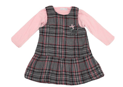 Coolclub Woll-Kleid Trägerkleid grau kariert + Mexx LA-Shirt rosa - Gr. 80/86