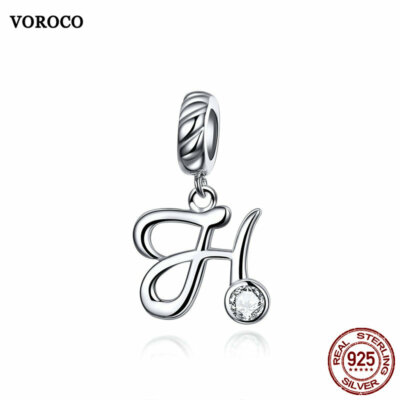 Voroco S925 Sterling Silver Letter N Pendant Bead Charm CZ To Necklace Bracelet