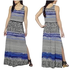 Fever Sleeveless Fit & Flare Maxi Dress Blue & Black Striped Geo Print Size M