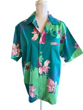 Vintage Hilo Hattie Hawaiian Shirt Camp Floral Mens Large Purple Made in USA 80s