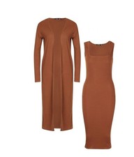 Boohoo Chocolate Ribbed Sleeveless Midi Dress and Duster Matching Set, Size 4
