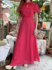Vintage 1970s Maxi Dress Ditsy Floral Cottagecore Pink Frilly Dress Size 8 10