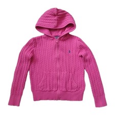 Polo Ralph Lauren Sweater Girls 6X Pink Hoodie Cable Knit Full Zip Logo Pockets