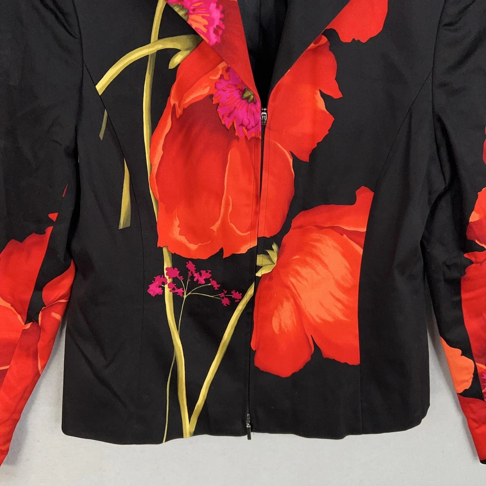 Chaqueta Linda Allard Ellen Tracy Mujer 8 Negra Roja Floral Amapola Cremallera Forrada Frontal Foto 3 de 4