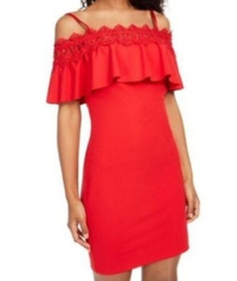 By & By Red Stretch Off The Shoulder Mini Ruffle Dress Women's Size 15