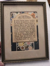 Vintage 1927 DEAR MOTHER poem print framed under glass 