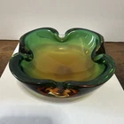 Vintage Murano Sommerso Seguso Art Glass Pinched Green And Amber Ashtray Bowl