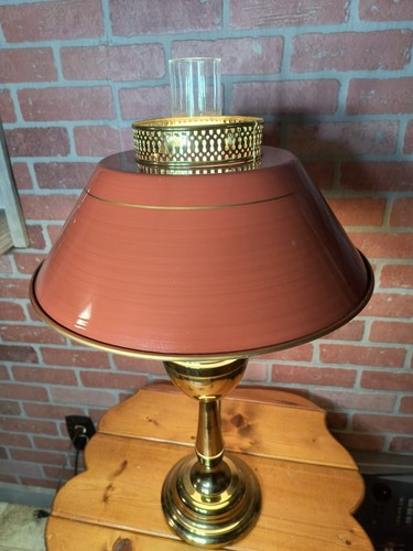 Vintage Brass Glass Hurricane Table Lamp 26" w/ Autumn Metal 15" Toleware Shade - Picture 2 of 8