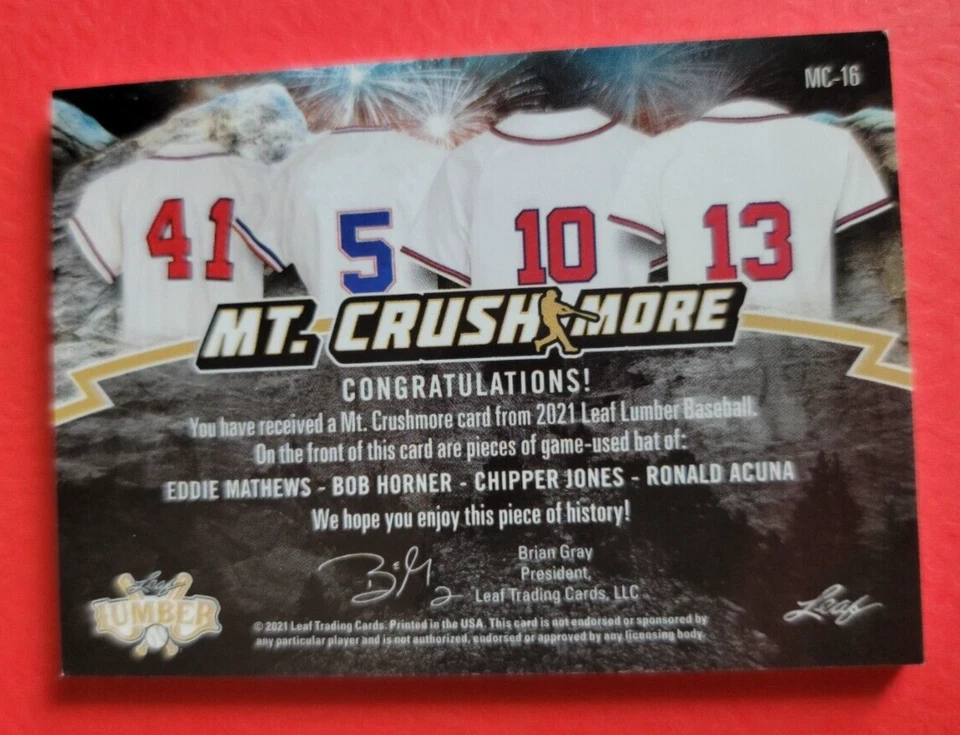 CARTÃO DE MORCEGO RONALD ACUNA CHIPPER JONES EDDIE MATTHEWS BOB HORNER #d3/3 LEAF BRAVES - Imagem 2 de 2