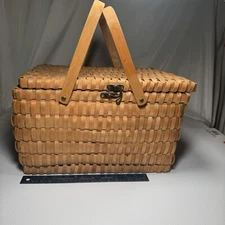 Vintage Wood Picnic Basket with lid & 2 handles
