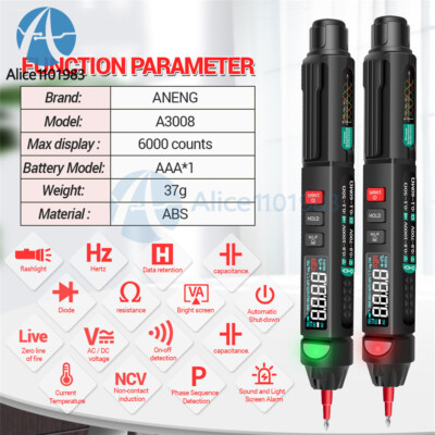 A3008 Mini Digital Multimeter Pen DC/AC Smart Voltage Tester Meter 6000 Counts