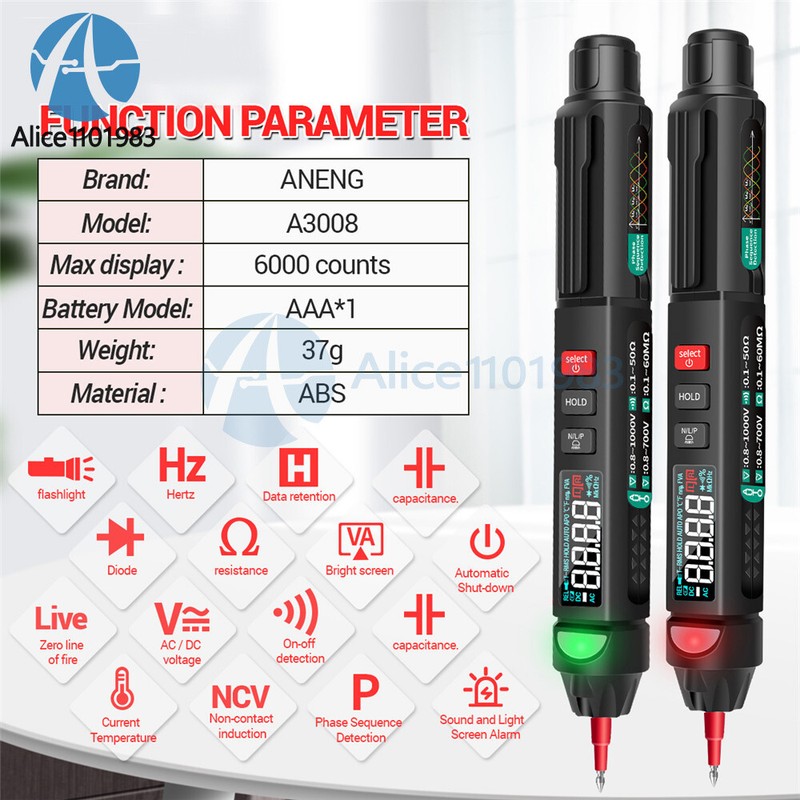 A3008 Mini Digital Multimeter Pen DC/AC Smart Voltage Tester Meter 6000 Counts