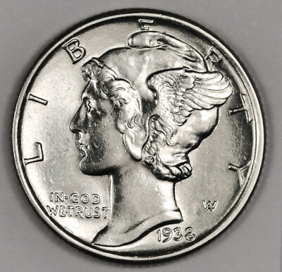 1938-p Mercury Head Dime.   100% Full Sep. Horiz. Bds.  BU.  Inventory I. 177021