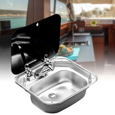 RV Caravan Camper Hand Wash Basin Kitchen Sink Stainless Steel w/ Lid+Faucet kit