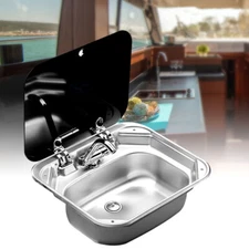 Stainless Steel RV Sink Hand Wash Basin For Camper Caravan Trailer w/Lid +Faucet