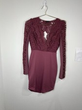 Chic Haute Monde Burgundy Crochet Lace Bodycon Dress Long Sleeve Size Small 33”