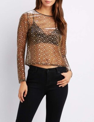 Charlotte Russe Gold Metallic Star Mesh Top Long Sleeve Women's XS Shirt NWT