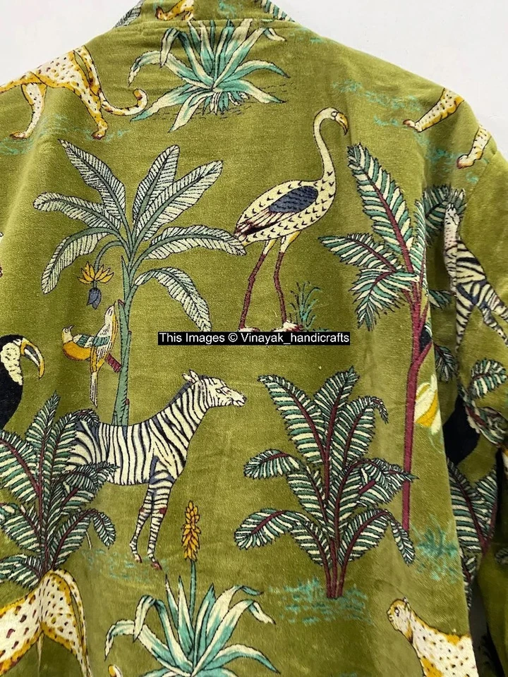 Bata de baño kimono de terciopelo con estampado animal de lujo vintage indio Foto 4 de 4