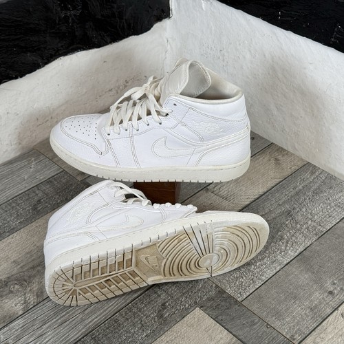 Nike Air Jordan 1 Mid UK 9.5 Triple White Trainers Casual Leather Boots Ankle