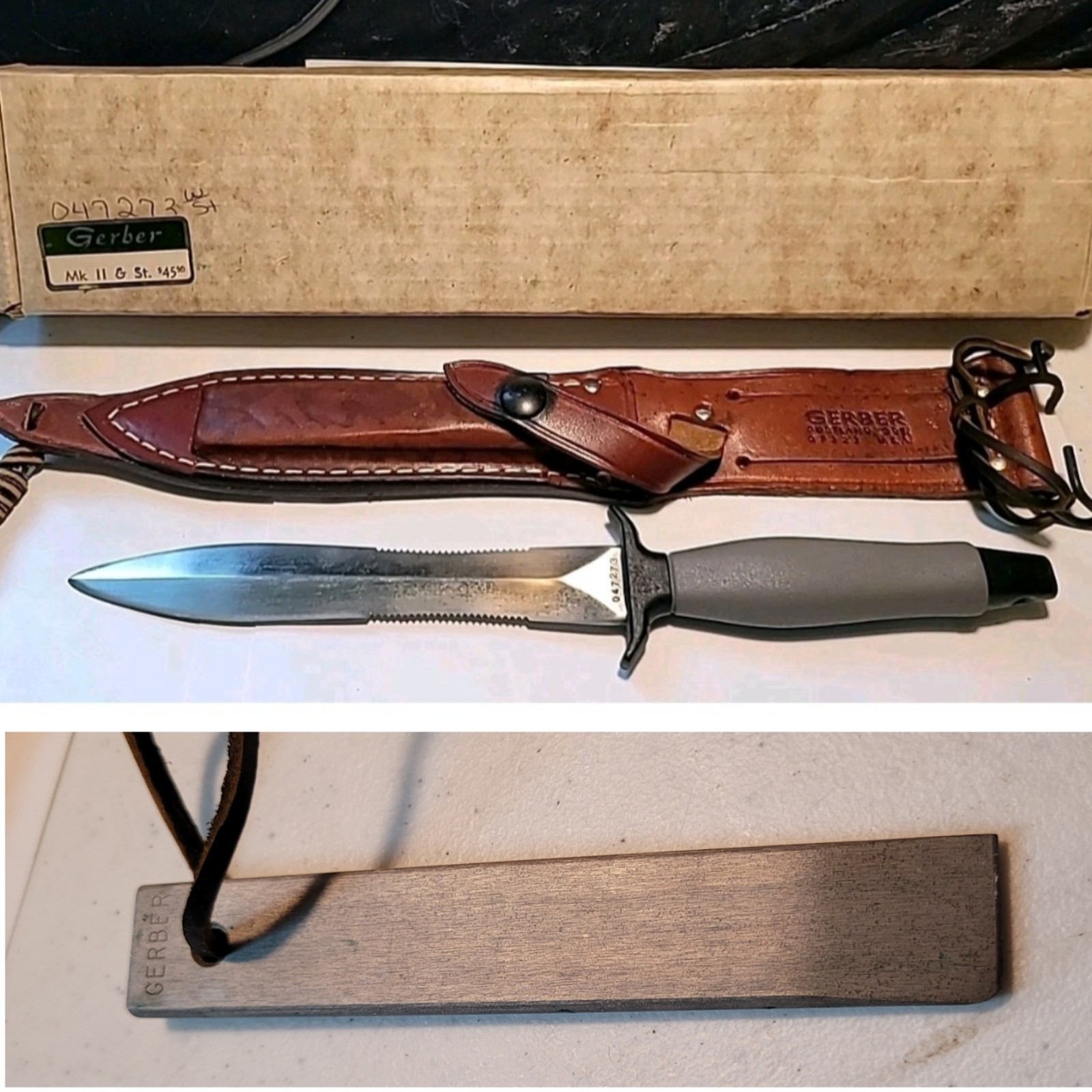 Vtg. Gerber Mark II Fighting Knife + Leather Sheath + Hone + Original Box. 1970s