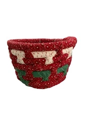 Jelly Roll Basket Handmade Red White Green Hearts Vintage