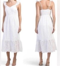 Sincerely Jules Midi Eyelet Dress M White Tiered Coquette Beach Cottagecore Trad