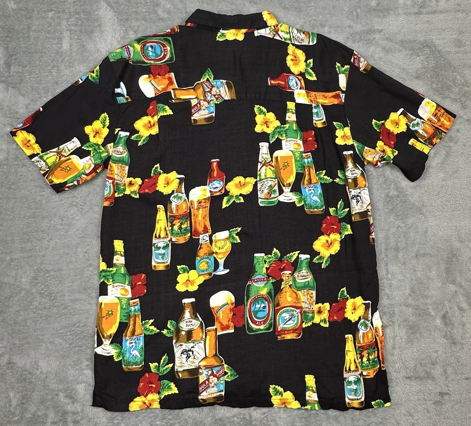 Vintage K.A.D. Camisa Clothing Co Para Hombre XL Negra Cerveza Hibisco Hawaiano Abotonada Foto 4 de 4