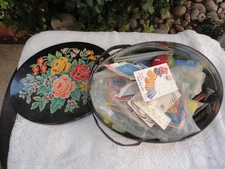 1940s VINTAGE BLACK FLORAL PRINT SEWING TIN W/HANDLES FILLED WITH SEWING NOTIONS