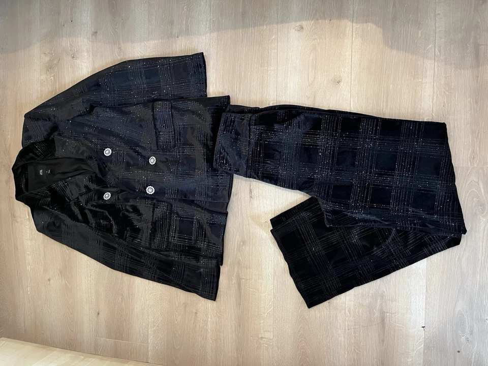 River Island Negro Brillo Talla 8 Hayley Blazer Y Pantalón Traje Conjunto Completo Fiesta Foto 2 de 4