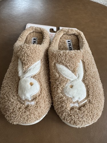 PLAYBOY Womens Bunny Slippers ~Size S (5-6) ~Indoor/Outdoor ~ Brown/White