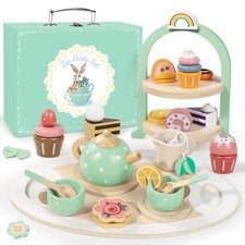 Wooden Tea Party Set for Little Girls, Pretend Play Food Kitchen Toys, Wooden...