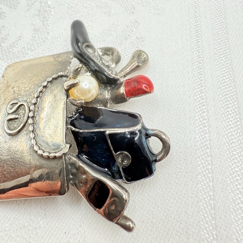 Vtg St. John Silver Tone Enamel Tote Bag Shopping Bag Faux Pearl Brooch Black - Picture 3 of 6