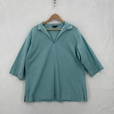 Lands End Shirt Womens 1X Green White Seersucker Gingham Popover Tunic Preppy