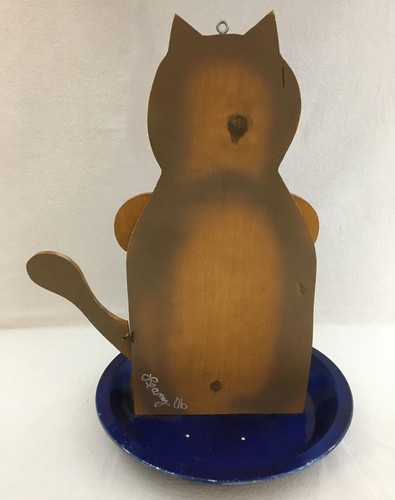 VTG Wood And Metal Hanging "Cat & Blue Bird" Feeder Hand Made Signed 14.5" Tall - Picture 3 of 10