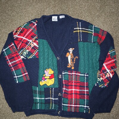 VTG 90's Disney Store Winnie The Pooh Plaid Chunky Knit Cardigan Sweater Medium