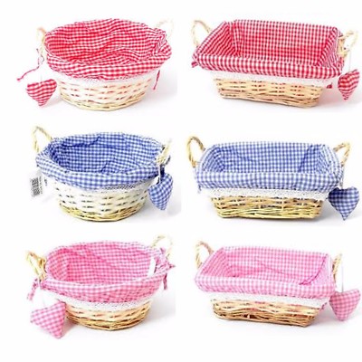Gingham Cloth Lined Wicker Basket with Heart - 23cm Round / 25cm ...